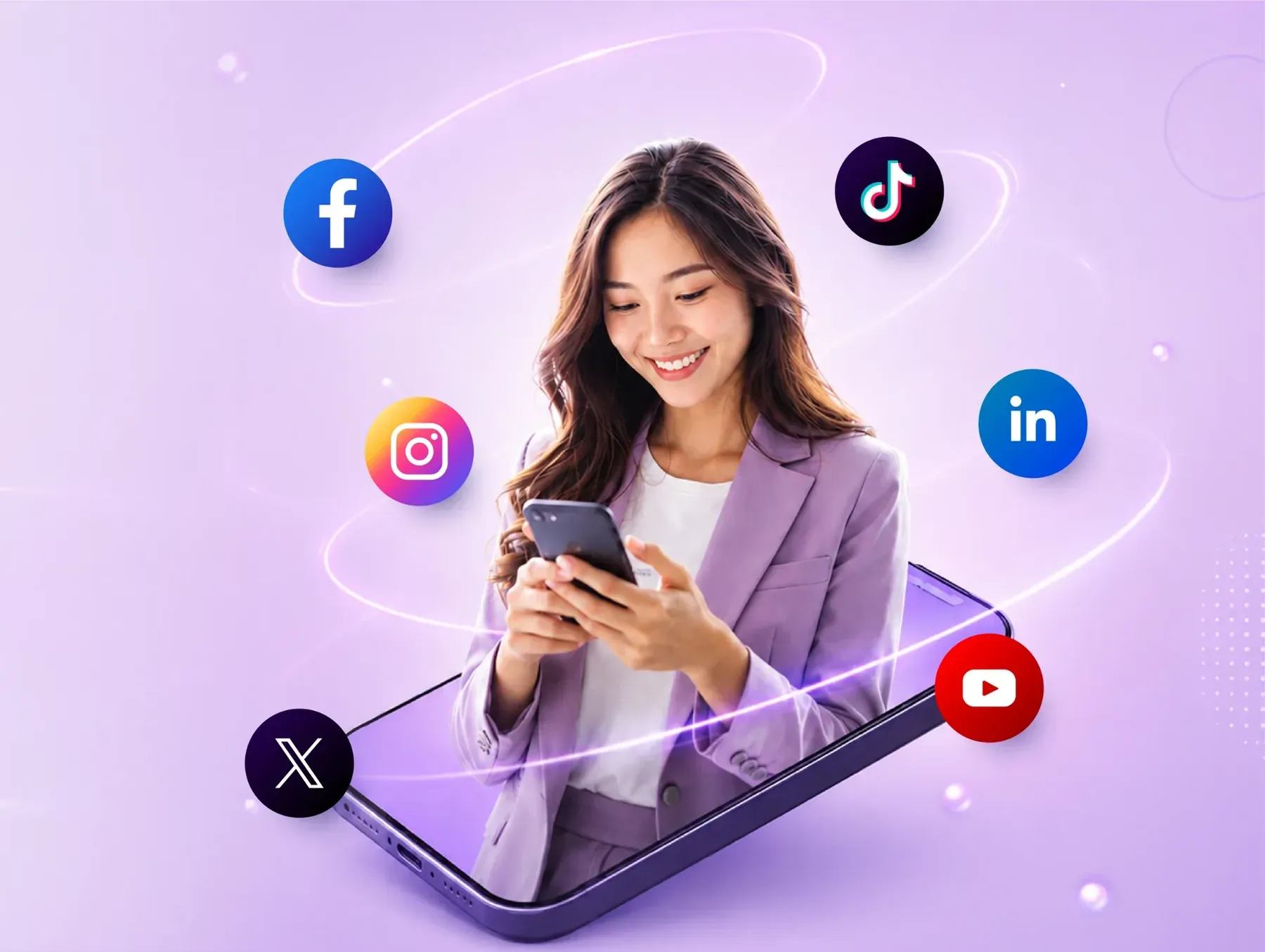 A marketer scrolling a phone, ringed by Facebook, Instagram, TikTok, X, LinkedIn and YouTube badges