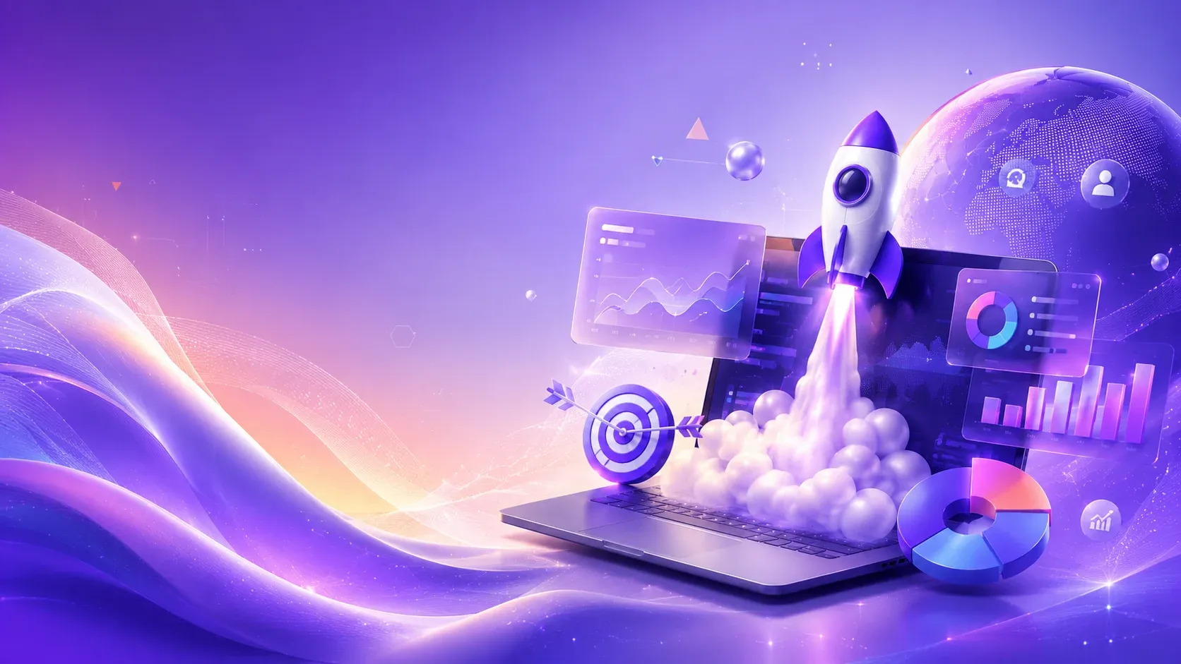 A rocket launching out of an open laptop surrounded by floating analytics dashboards, a bullseye and a globe — growth driven by marketing.