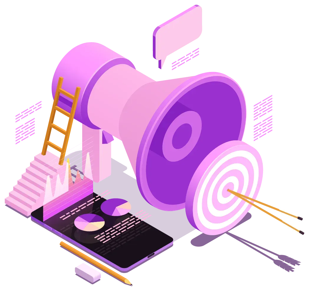 Illustration of a megaphone, target and growth chart