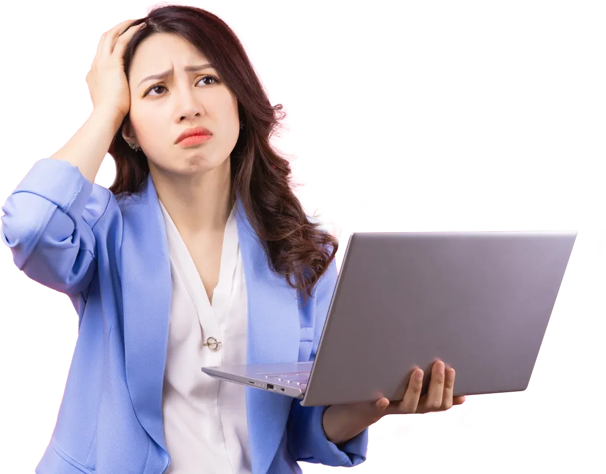A business owner looking frustrated at her laptop
