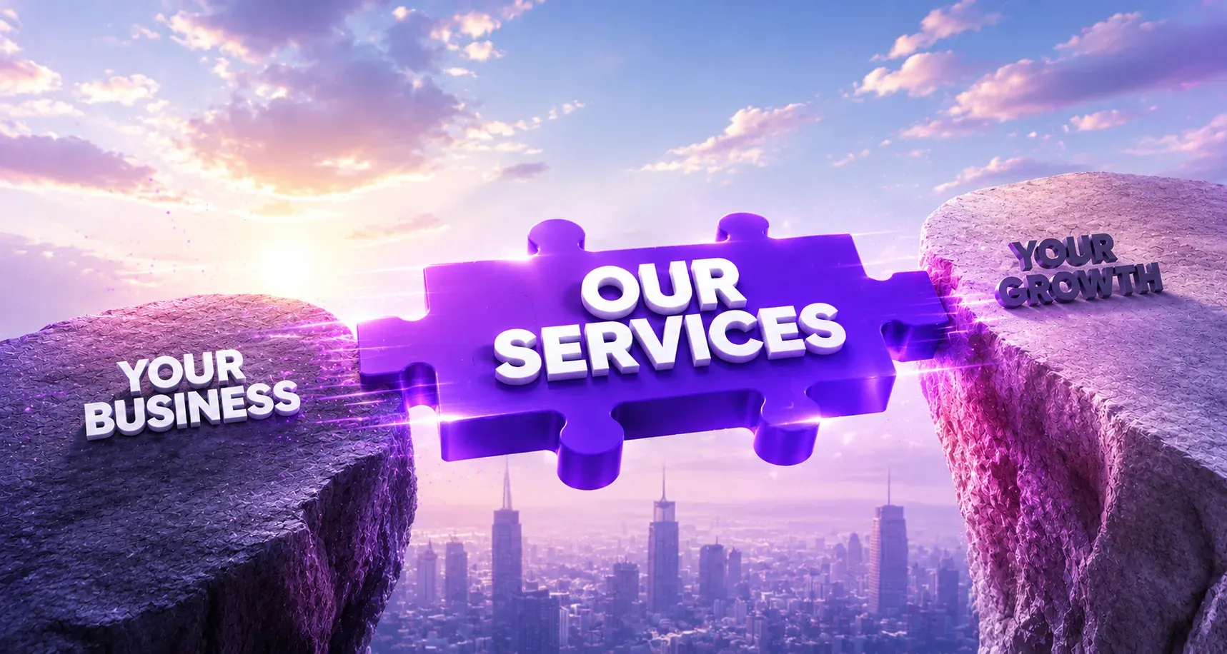 Two cliffs labelled Your Business and Your Growth joined by a puzzle piece reading Our Services