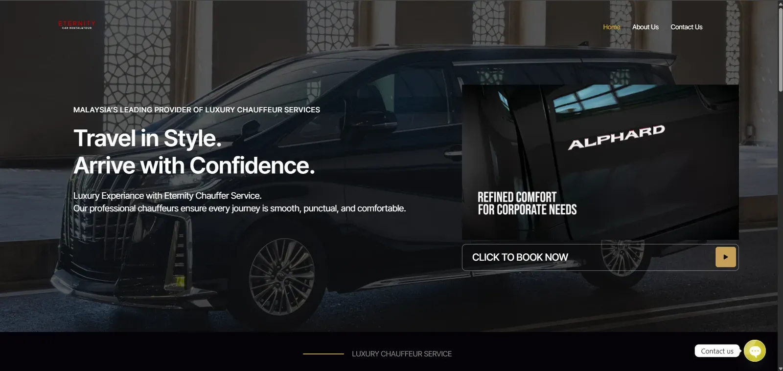 The Eternity Car Rental home page — "Travel in Style. Arrive with Confidence."