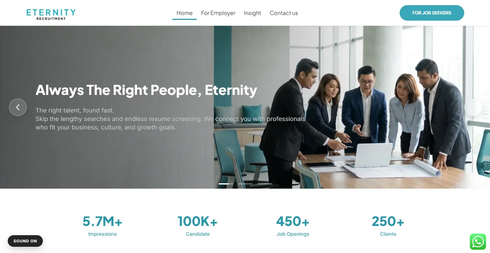The Eternity Recruitment home page — "Always The Right People, Eternity"
